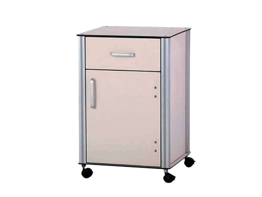 Table de chevet roulante en laminé bois beige