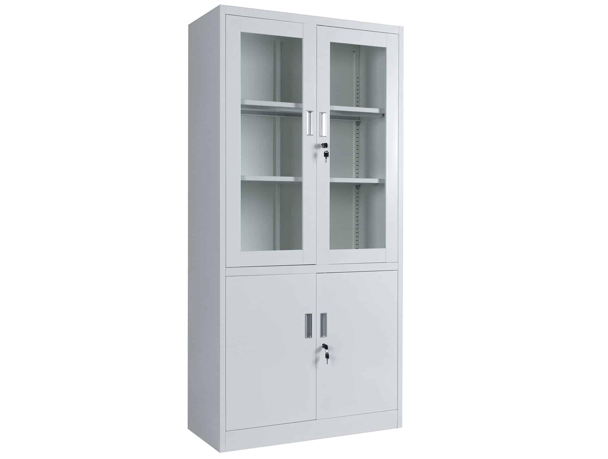 Armoire médicale métallique 2 portes vitrées et 2 portes pleines, 3 étagères, verrouillage à clé